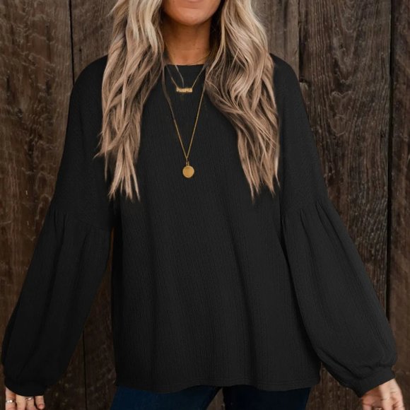 Black Faux Knit Jacquard Puffy Long Sleeve Top - Picture 2 of 5